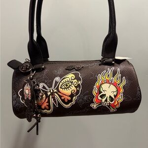 Viral 🔥🔥Ed Hardy Black Shoulder Bag with Skull and Butterfly Design
